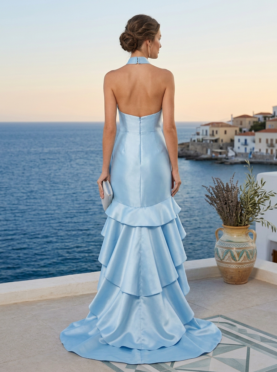 Formal ​Evening Dress Blue Halter Neck Sleeveless Maxi Satin Dress