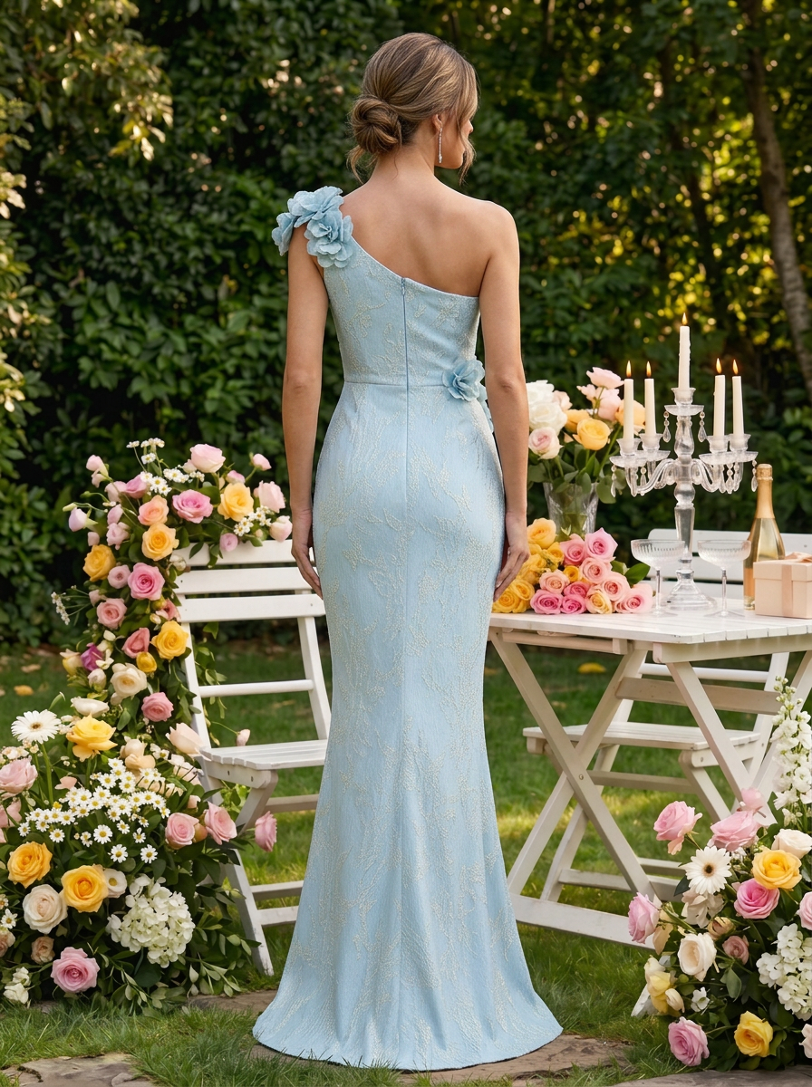 Light Blue 3D Floral Jacquard Classic One Shoulder Sleeveless Mermaid Gown Dress