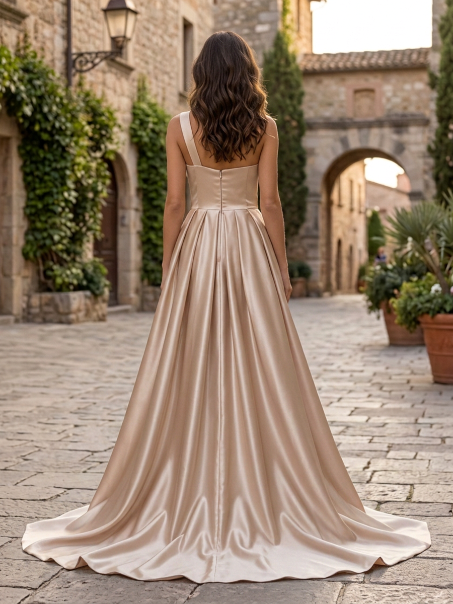 Formal Evening Gown Champagne One Shoulder Satin Maxi Dress
