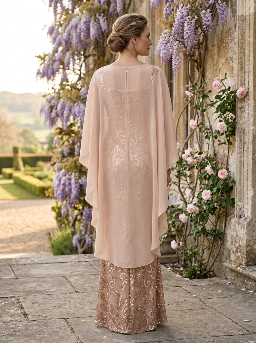 Champagne Glitter Sequin Crew Neck Cap Sleeve Sheath Floor-length Gown Dress