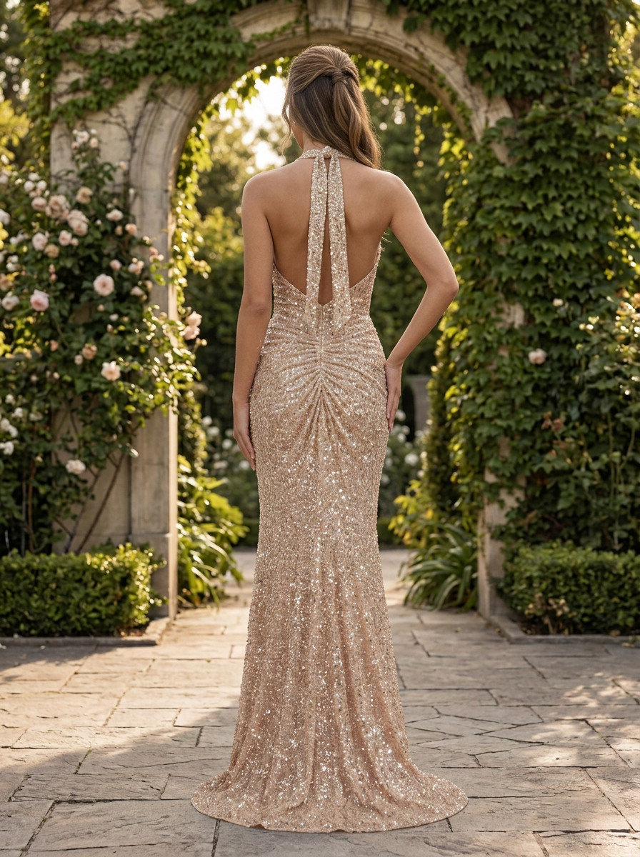 Champagne Sequin Halter Square‑Neck Twist‑Ruched High‑Slit Mermaid Floor‑Length Evening Gown