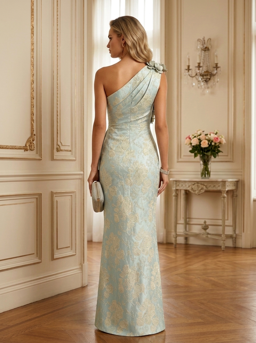 Light green Jacquard 3D Floral Classic One Shoulder Sleeveless Mermaid Floor Length Dress