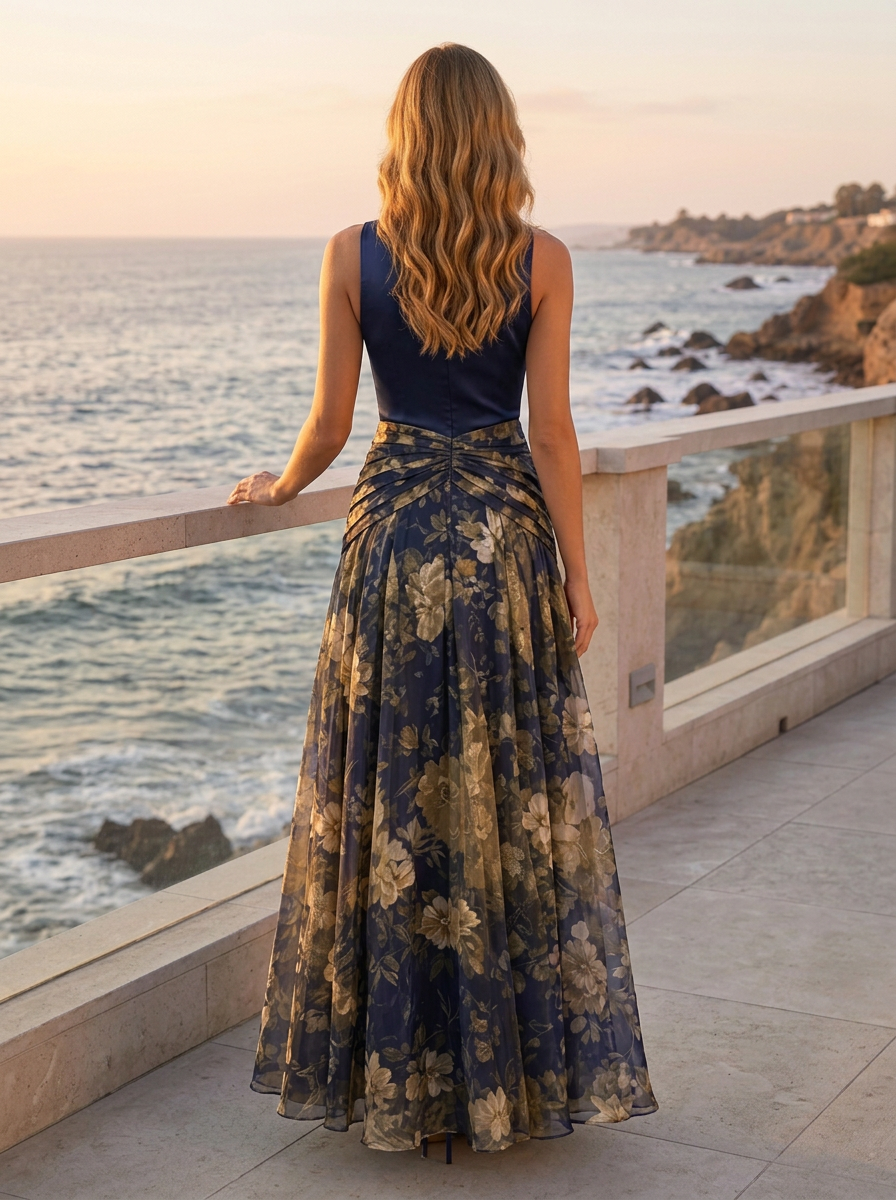 Deep Blue Floral Chiffon Mock Neck Sleeveless A-Line Maxi Dress