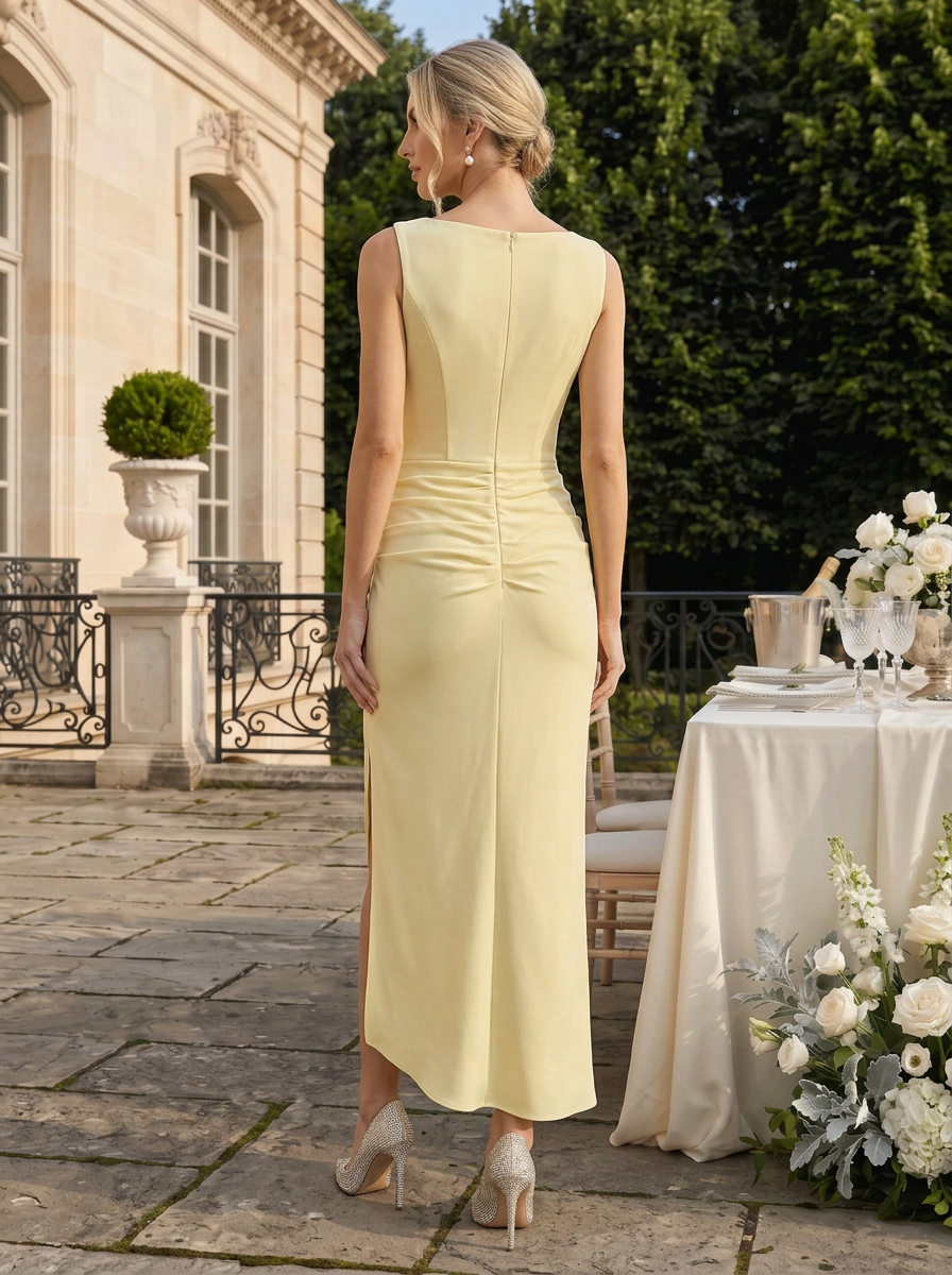 Cocktail Party Dress Light Yellow Sleeveless Ruched Asymmetrical Midi Dress