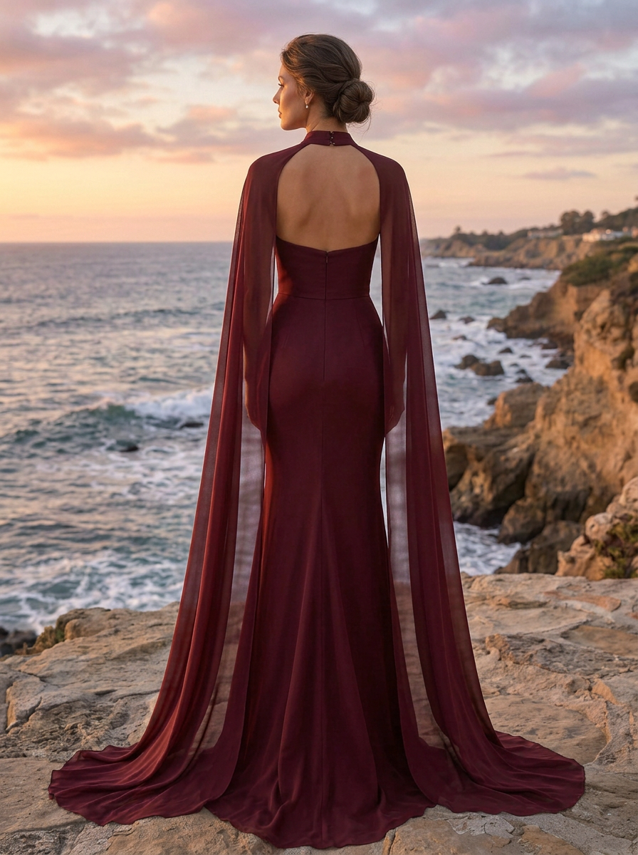 Burgundy High Neck Shawl Sleeve Chiffon Satin Maxi Dress