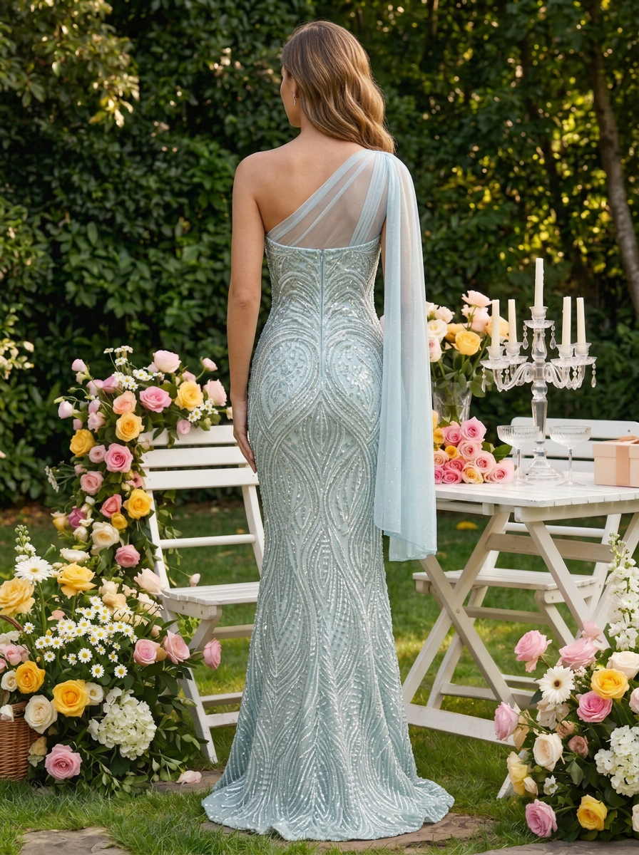 Light green Glitter Beaded Classic One Shoulder Sleeveless Mermaid Gown Dress