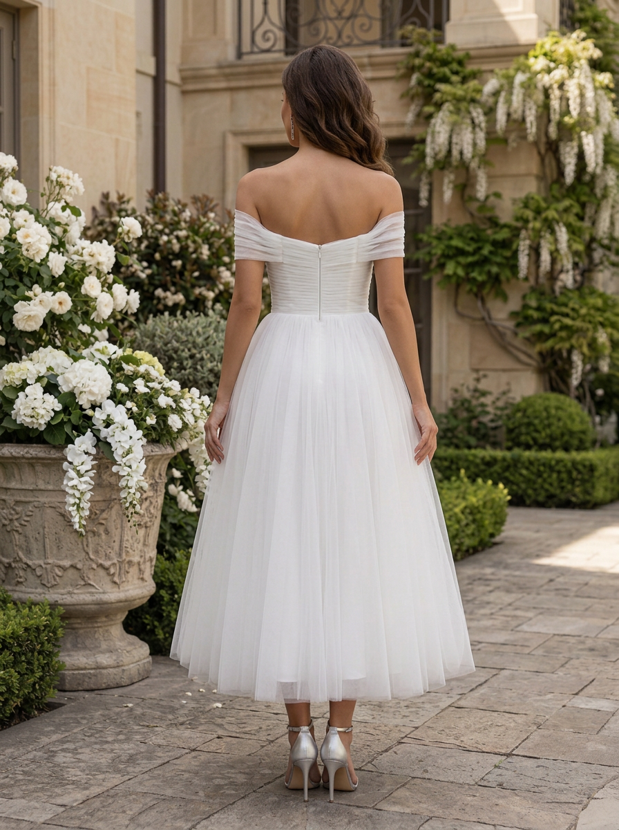 White Off-Shoulder Pleated A-Line Tulle Midi Dress