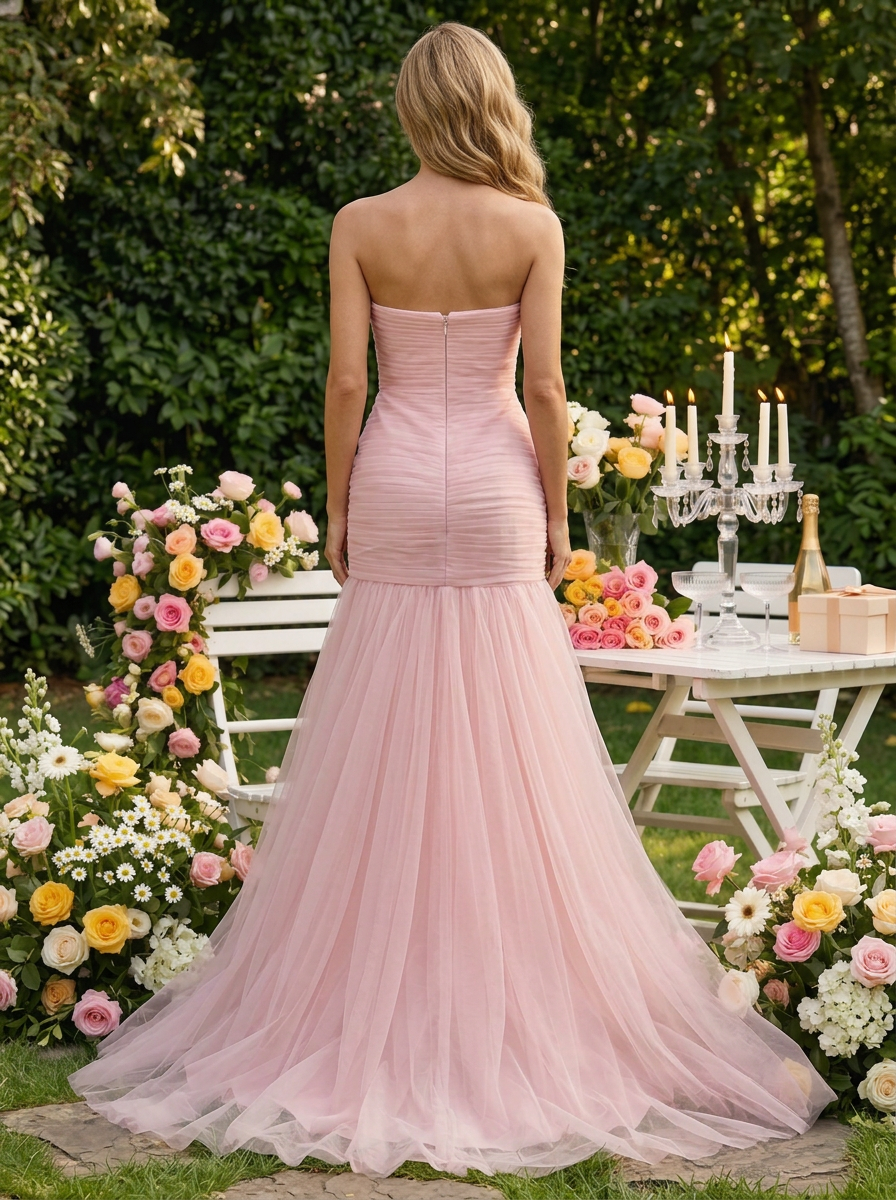 Ruched Slit Tulle Strapless Sleeveless Sheath Gown Dress