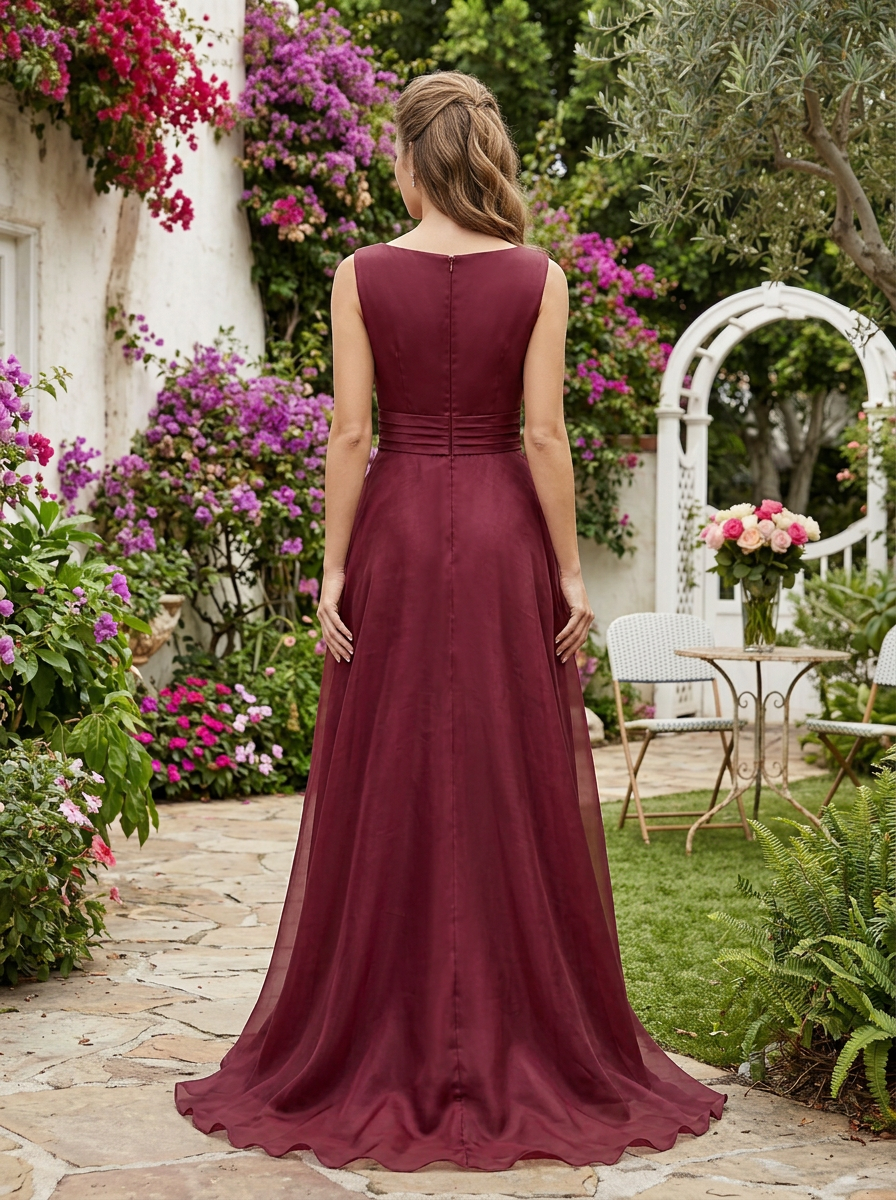 Wine Red Organza Sleeveless Asymmetrical Draped Cinched-Waist Maxi Dress