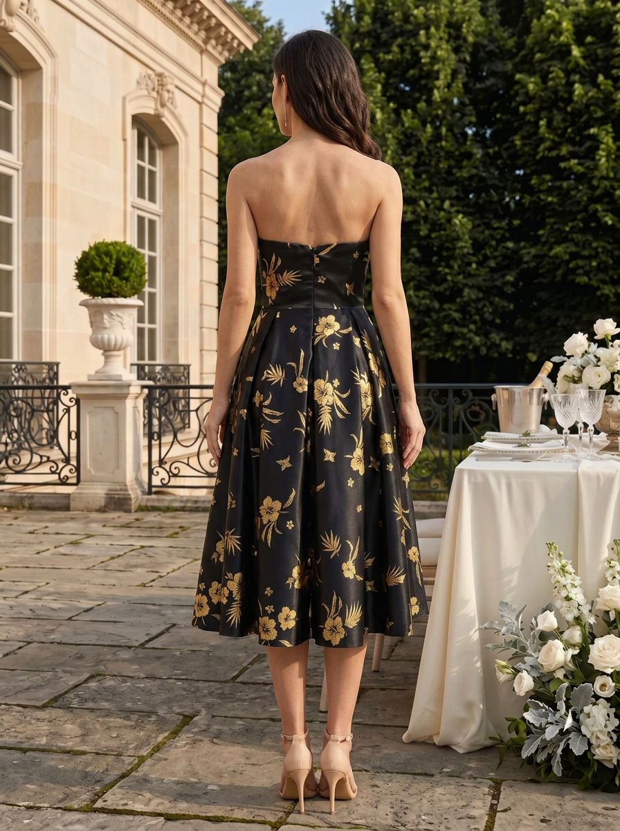 Black Stamped Bronzing Floral Classic Strapless Sleeveless A-Line Midi Dress