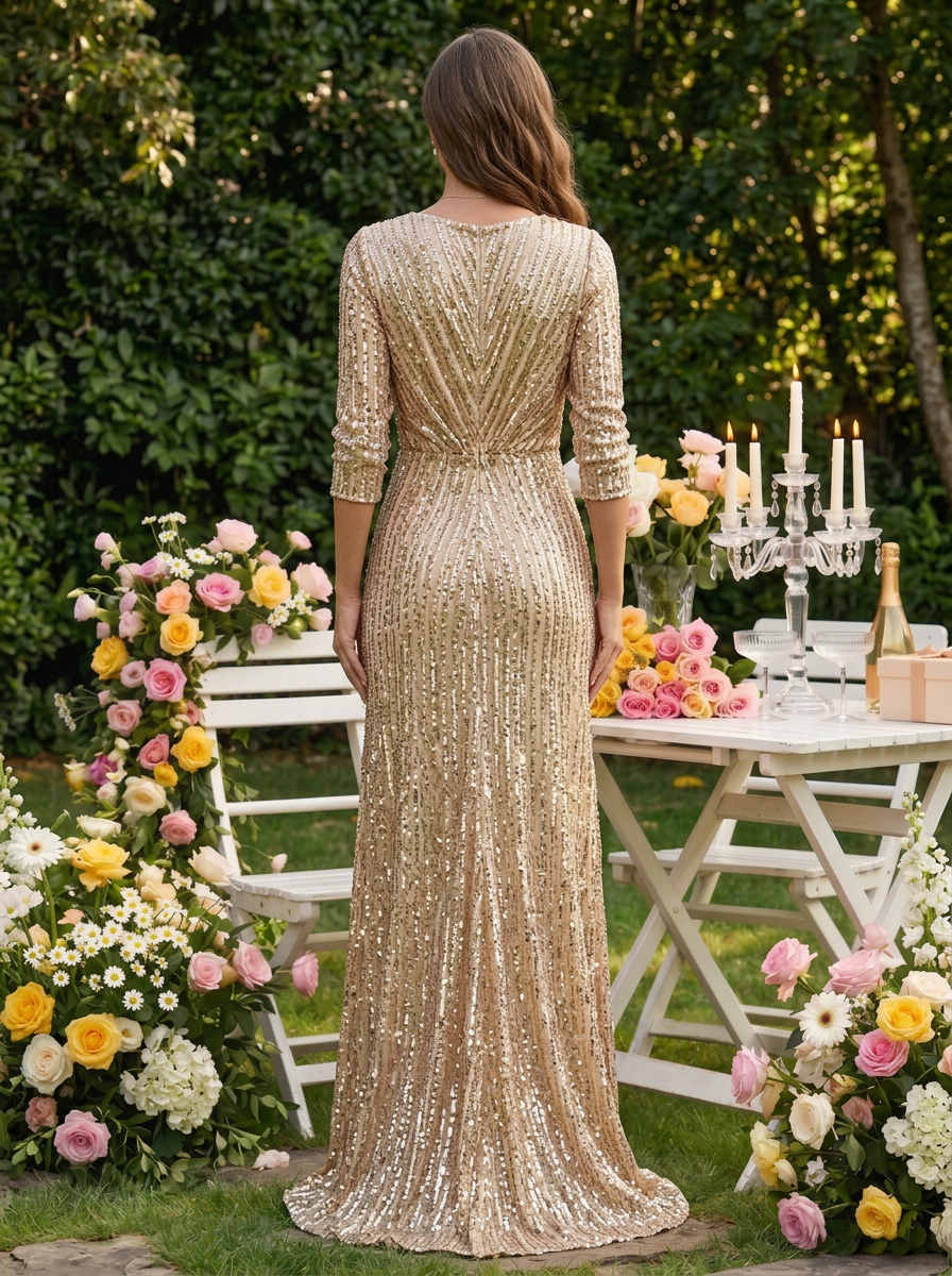Champagne Sequin V-Neck Three-Quarter Sleeve Wrap Slit Maxi Dress