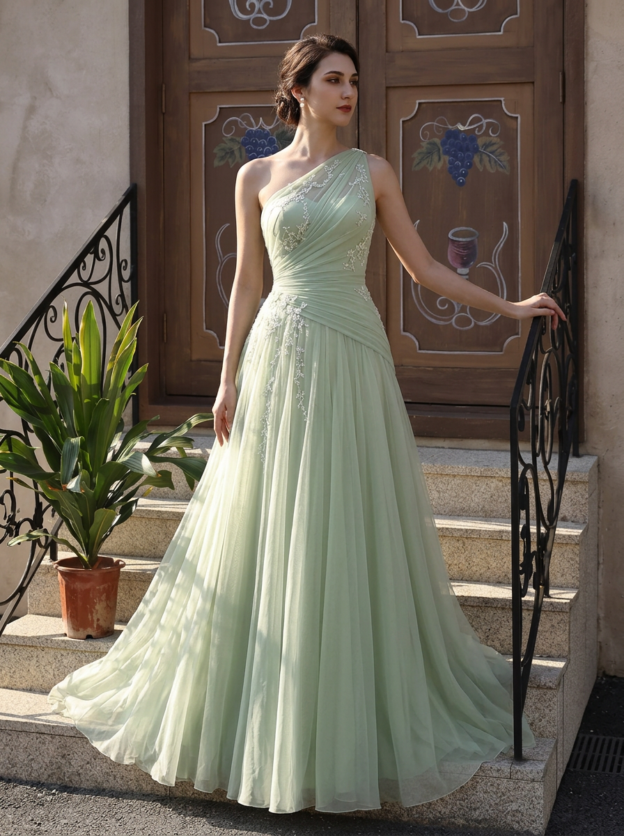 Mint Green Applique 3D Floral Chiffon One Shoulder Sleeveless A-Line Floor Length Dress