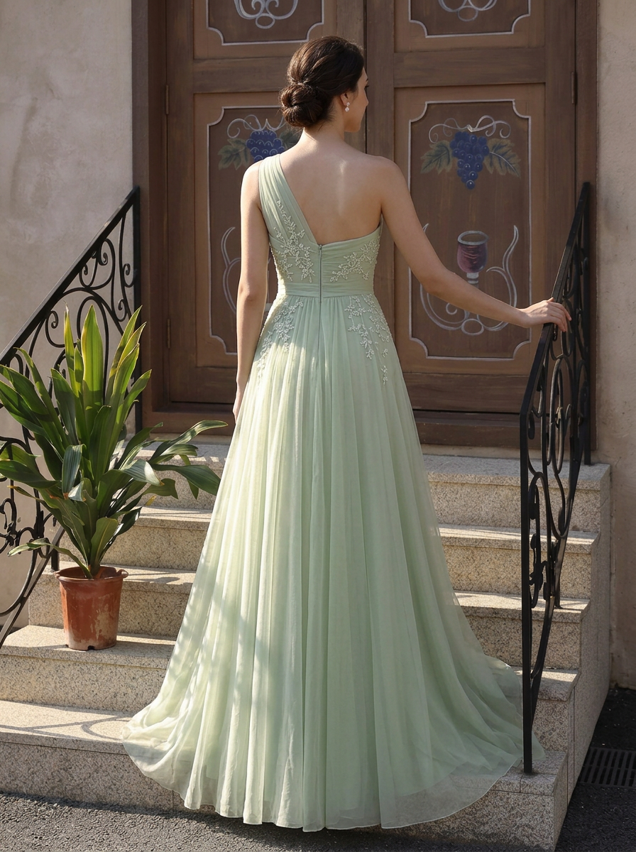 Mint Green Applique 3D Floral Chiffon One Shoulder Sleeveless A-Line Floor Length Dress