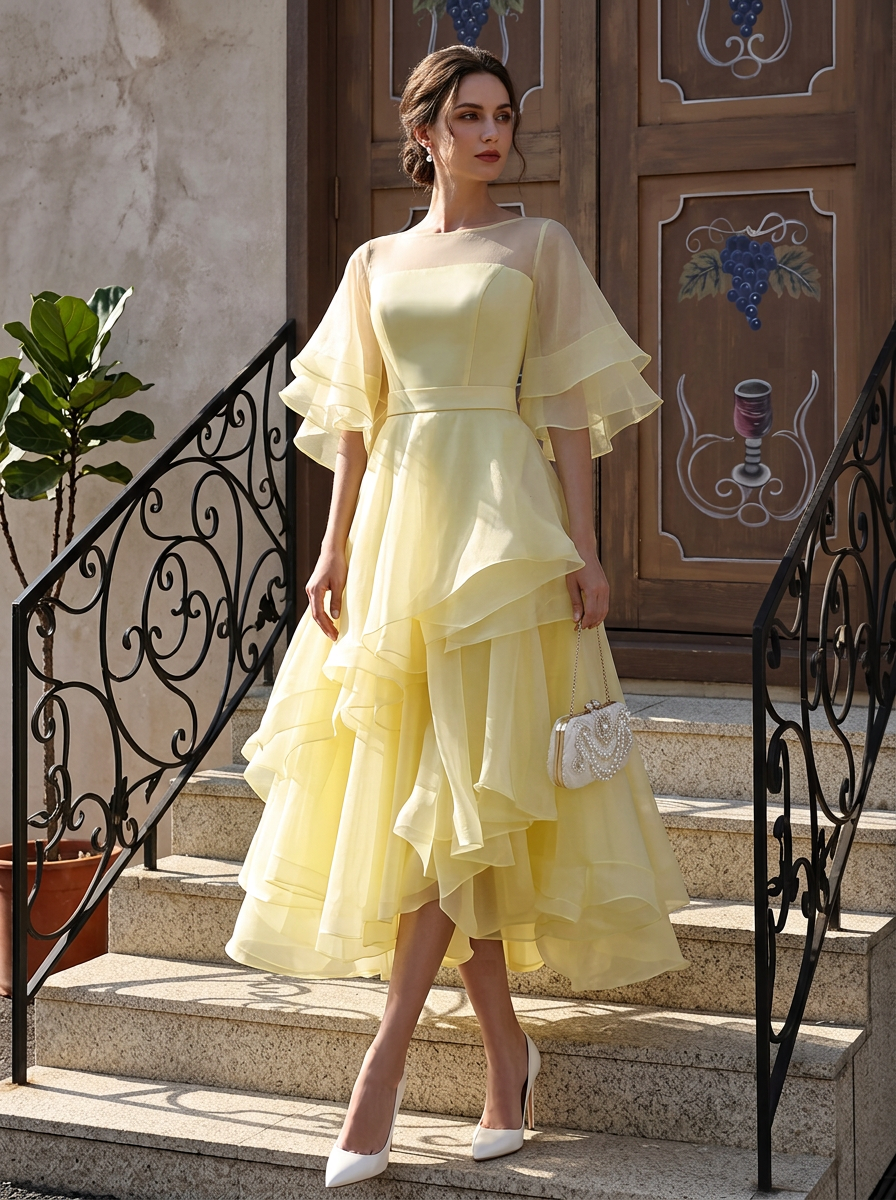 Yellow Sheer Neck Double Flutter Sleeve Tiered Organza Midi Dress
