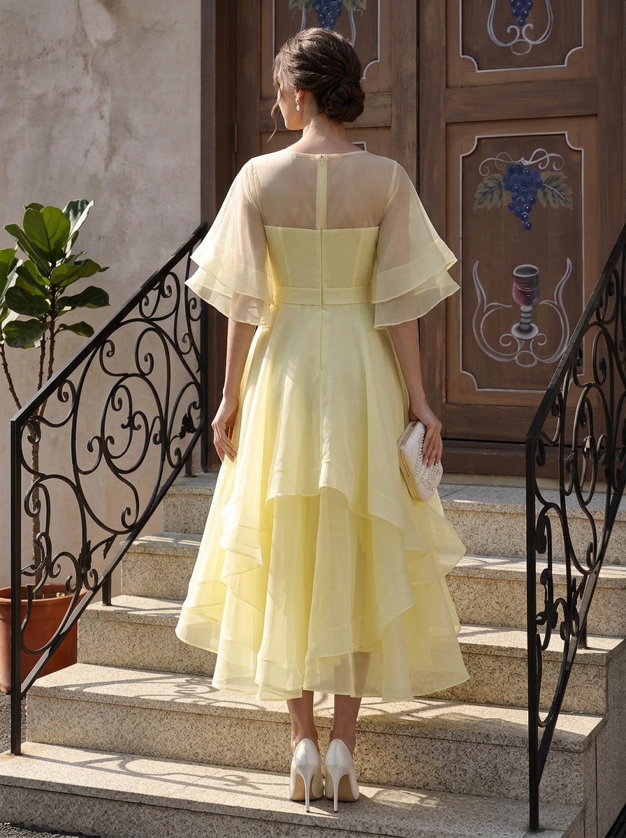 Yellow Sheer Neck Double Flutter Sleeve Tiered Organza Midi Dress
