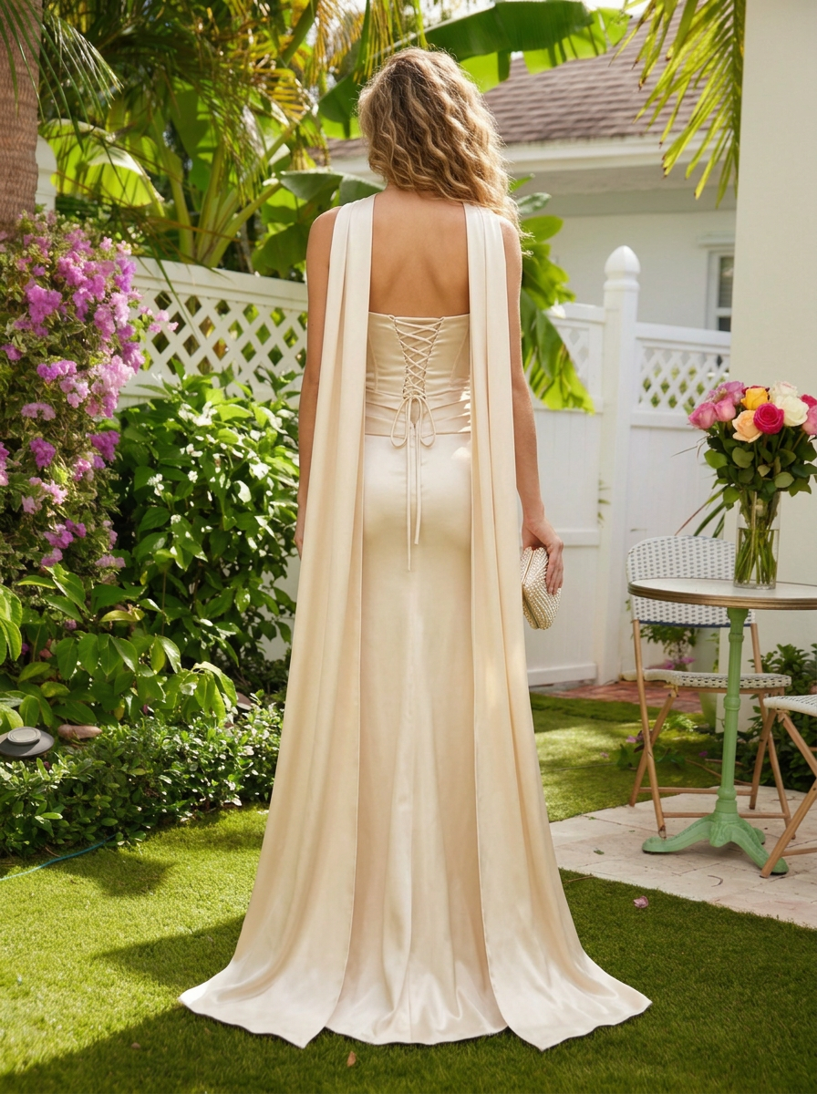 Off White Satin Strapless Sleeveless Sheath Floor-length Gown Dress