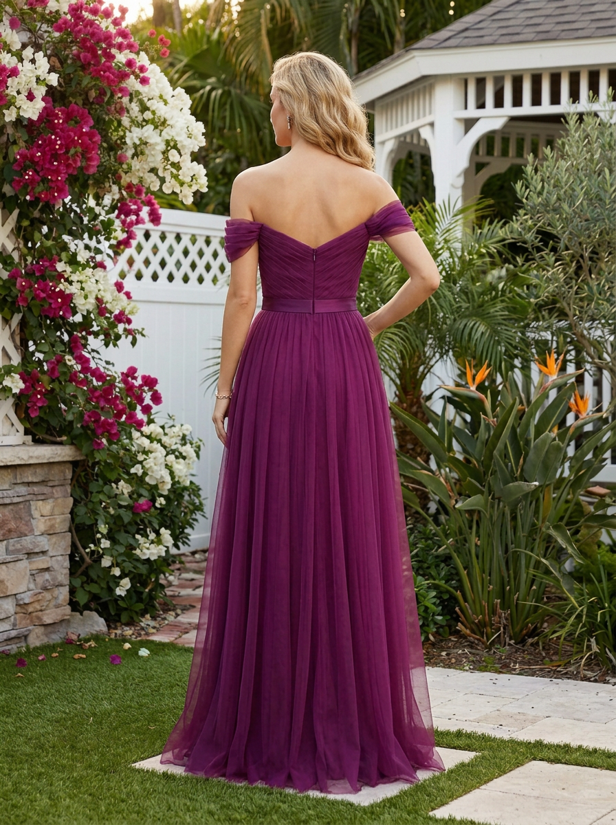 Plum Colored Off Shoulder Sweetheart Neck Chiffon Maxi Dress