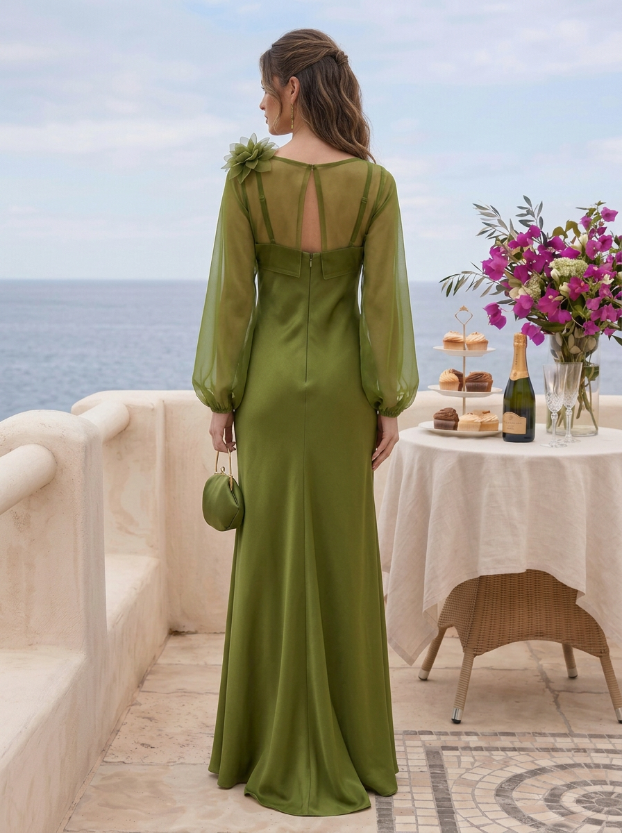 Green Chiffon Paired Satin Camisole Flowers Maxi Dress