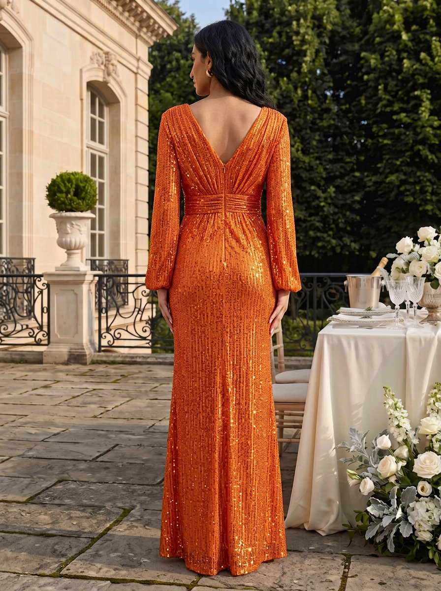 Deep‑Tone Sequin V‑Neck Long Puff‑Sleeve Pleated Waist Sheath Floor‑Length Evening Gown