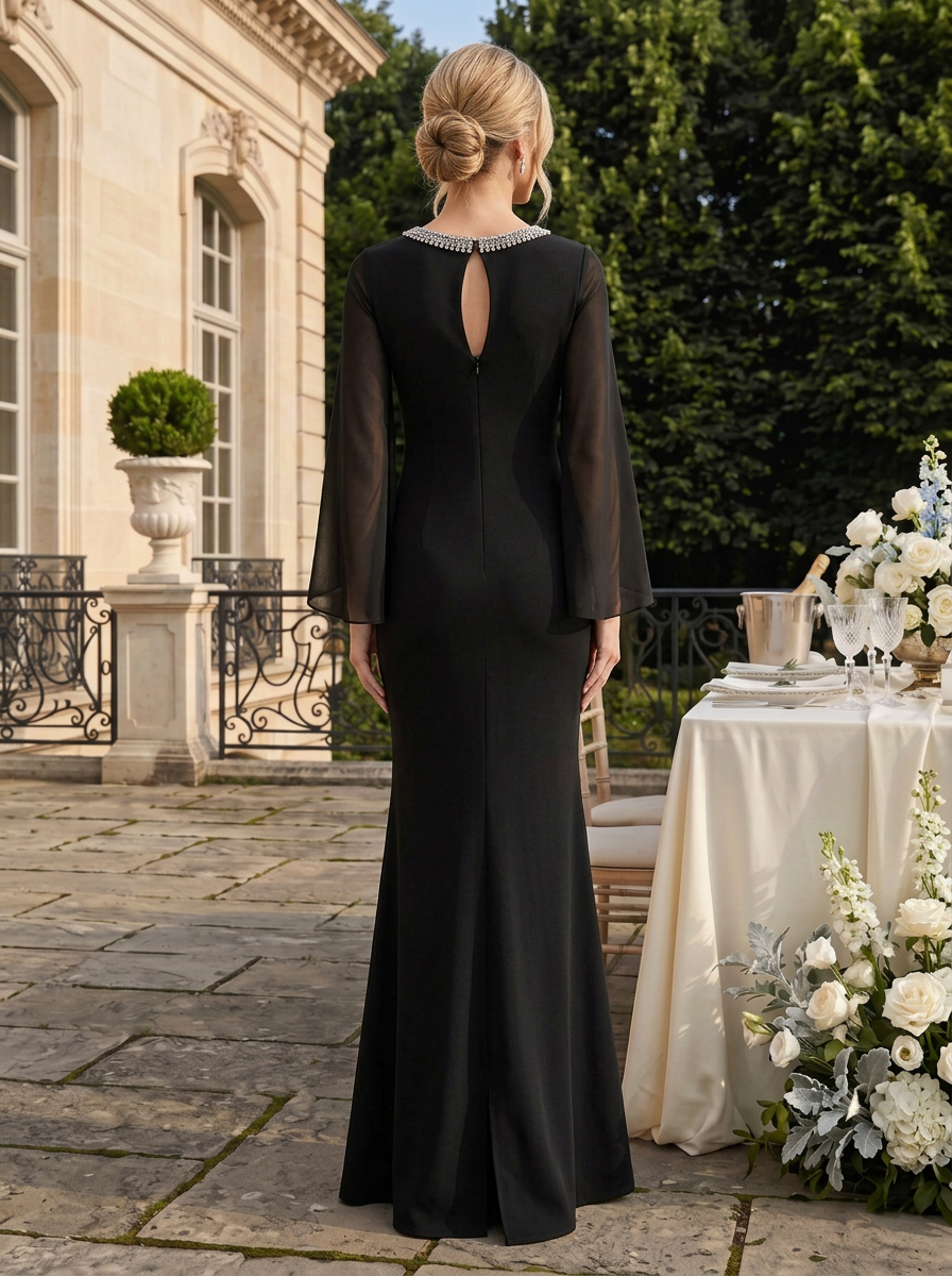 Formal Dress Black Mermaid Beaded Crew Neck Maxi Dress