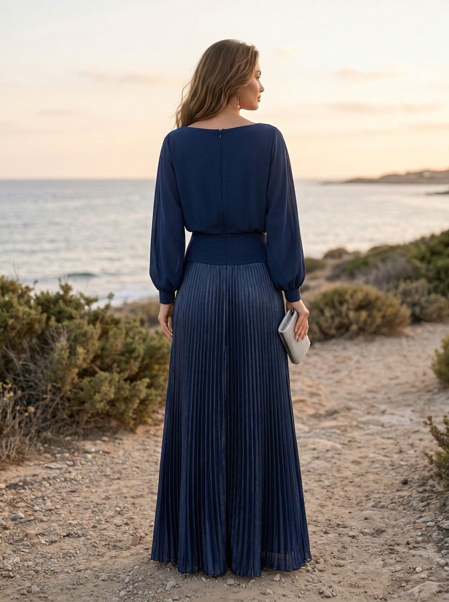 Pleated Satin Long Sleeve Flowing Maxi Dress