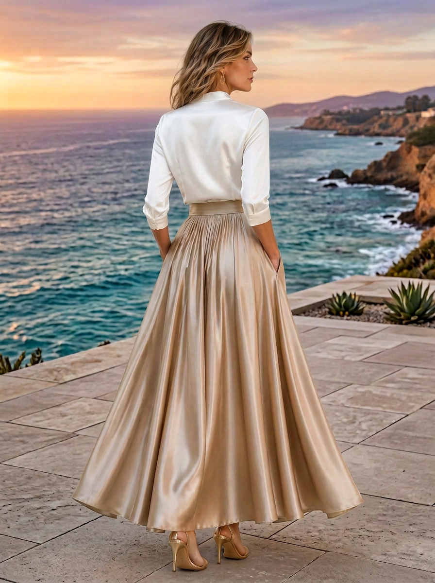 White Champagne Satin Maxi Gown 3 4 Sleeve V Neck Pockets Mother of the Bride Dress