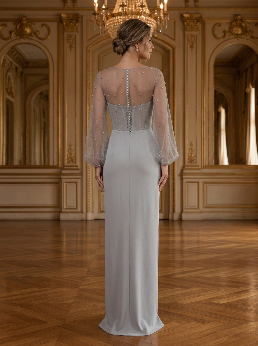 Faux Pearl Lantern Sleeve Midi Dress