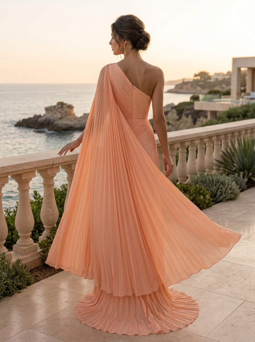 Peach Chiffon One Shoulder Dual Flowing Cape Pleated Mermaid Evening Gown