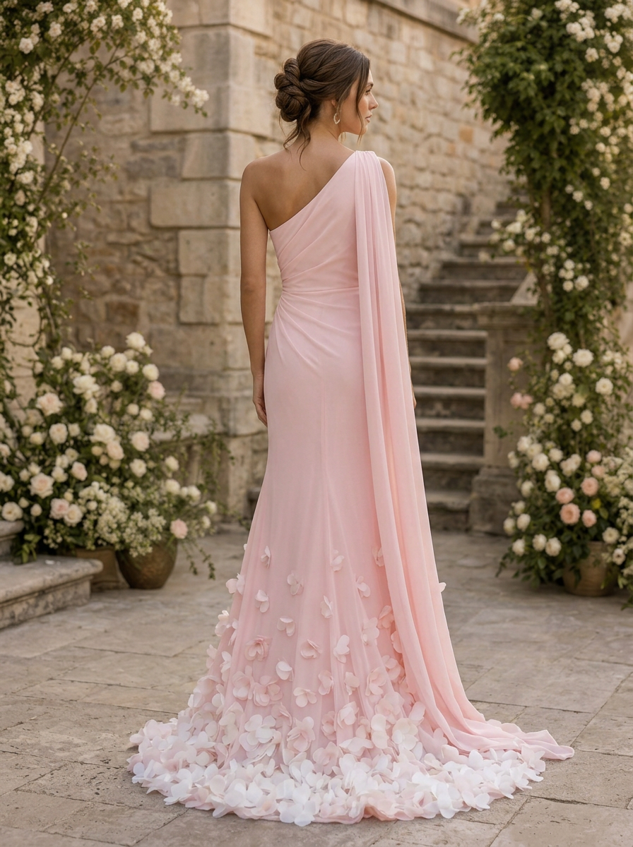 Dusty Pink Jersey One Shoulder Chiffon Cape Floral Petal Hem High Slit Mermaid Evening Gown