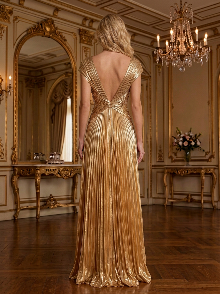Metallic Gold Draped V-Neck Rhinestone Pleated A-Line Evening Gown