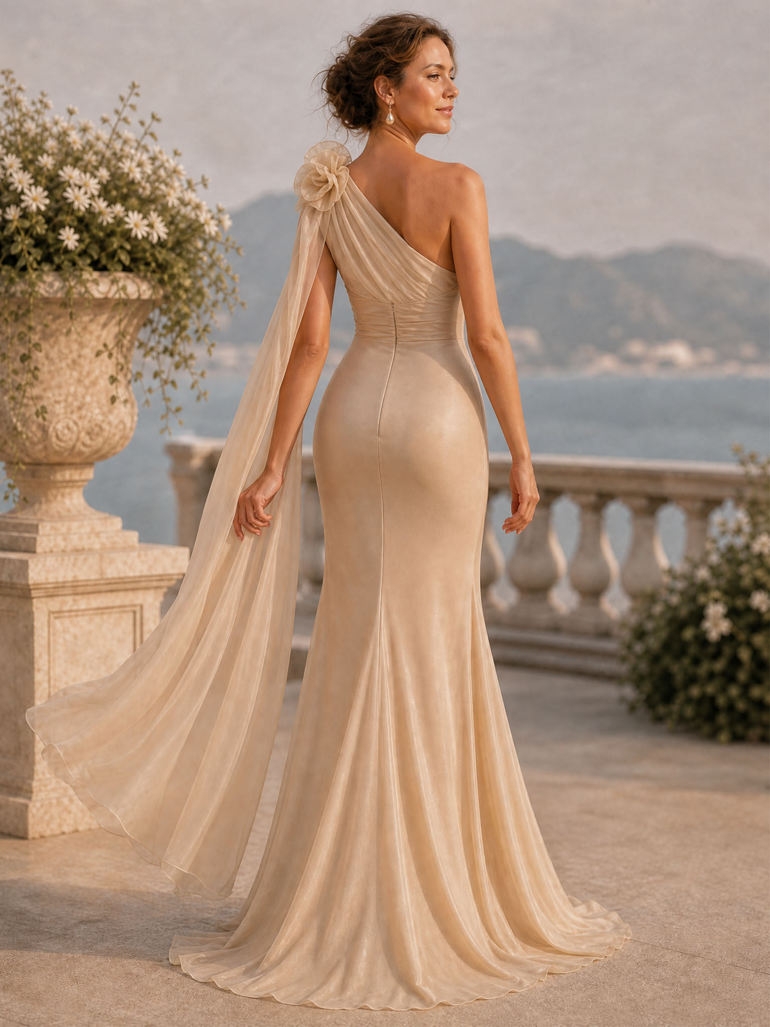 Champagne One‑Shoulder 3D Floral Chiffon Cape Mermaid Floor‑Length Evening Gown