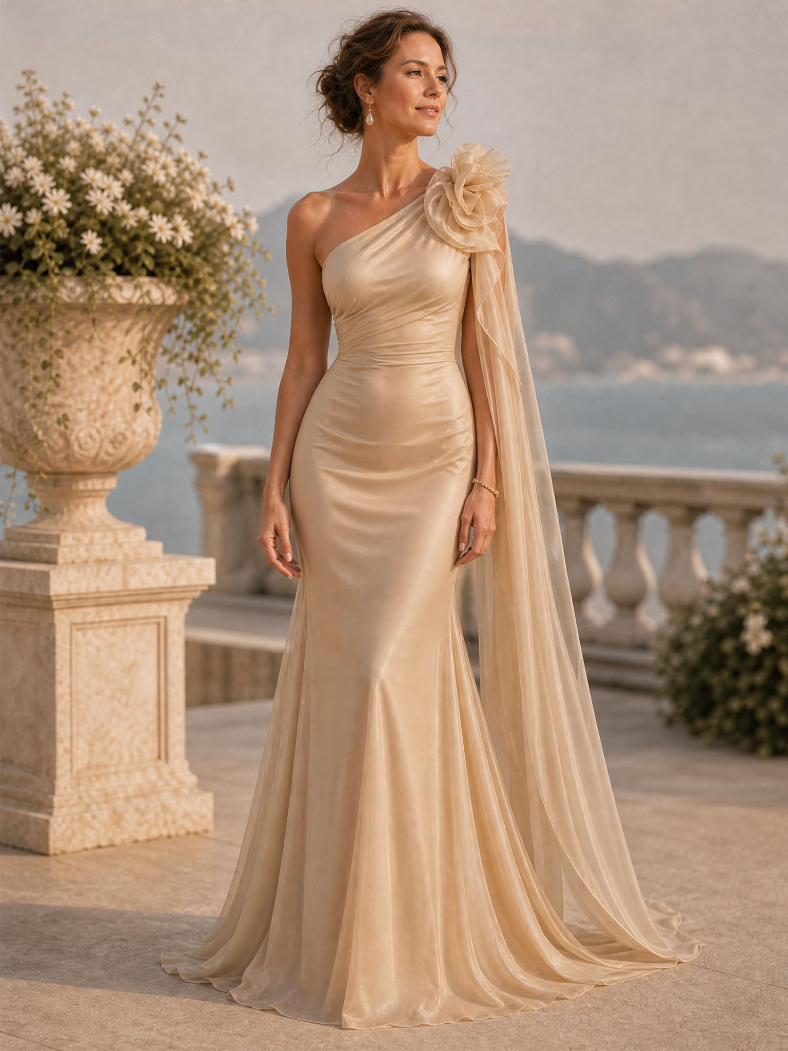 Champagne One‑Shoulder 3D Floral Chiffon Cape Mermaid Floor‑Length Evening Gown