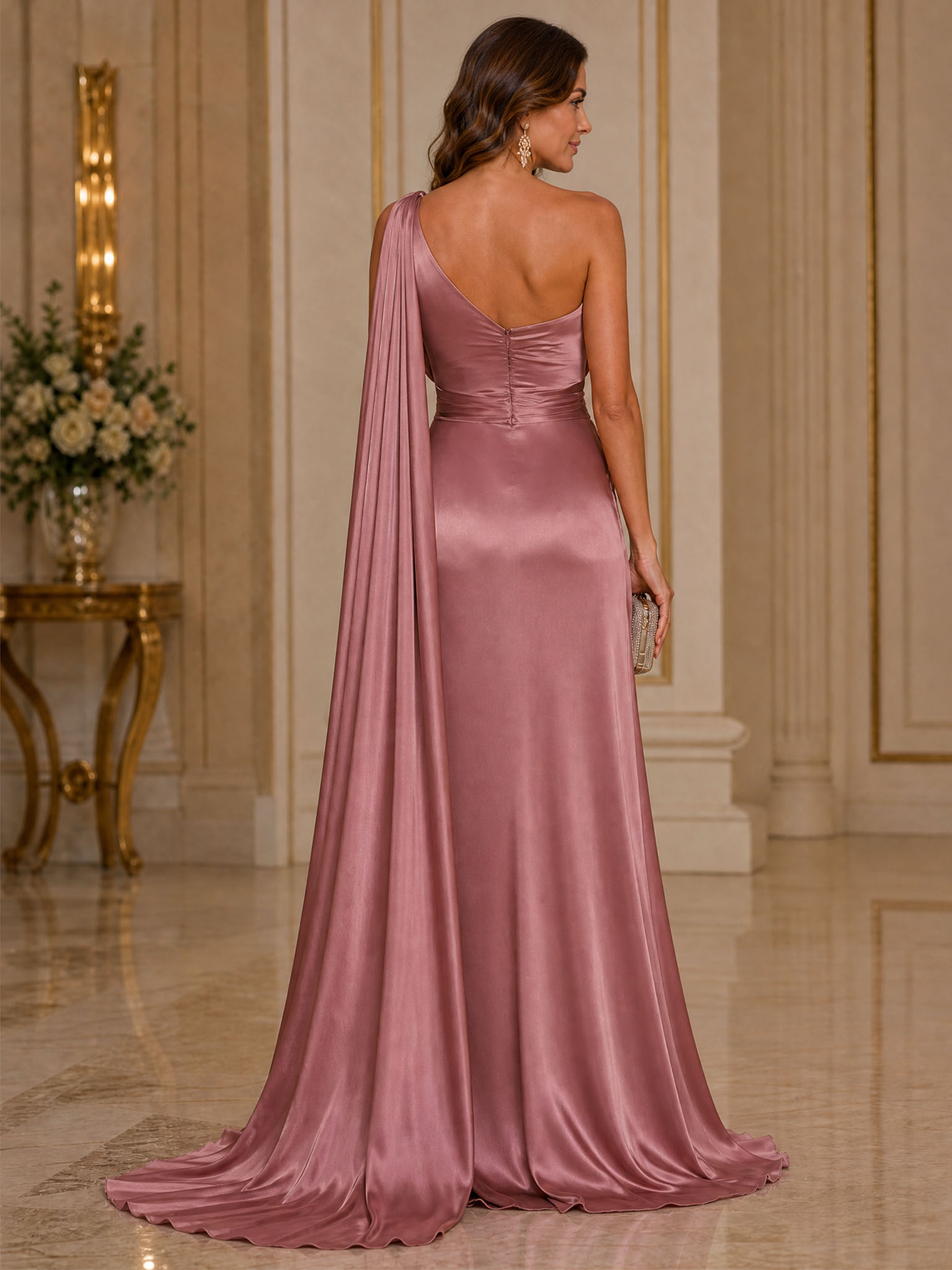 Dusty Rose Satin One‑Shoulder Cape Sleeve Pleated High‑Slit Mermaid Floor‑Length Evening Gown