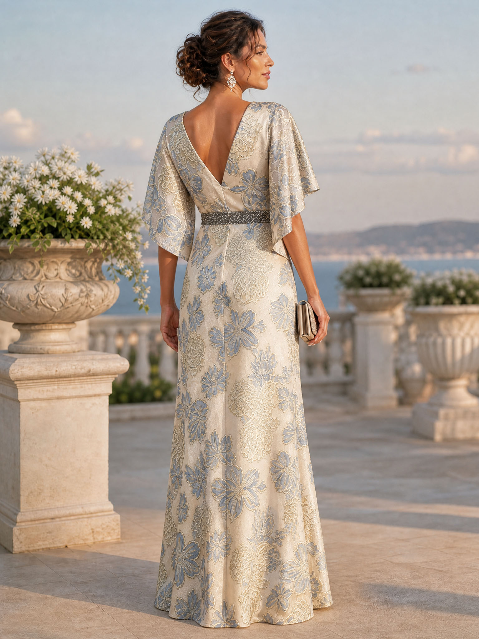 Champagne‑Base Blue Floral Jacquard V‑Neck Flutter Sleeve Beaded‑Waist Mermaid Floor‑Length Evening Gown