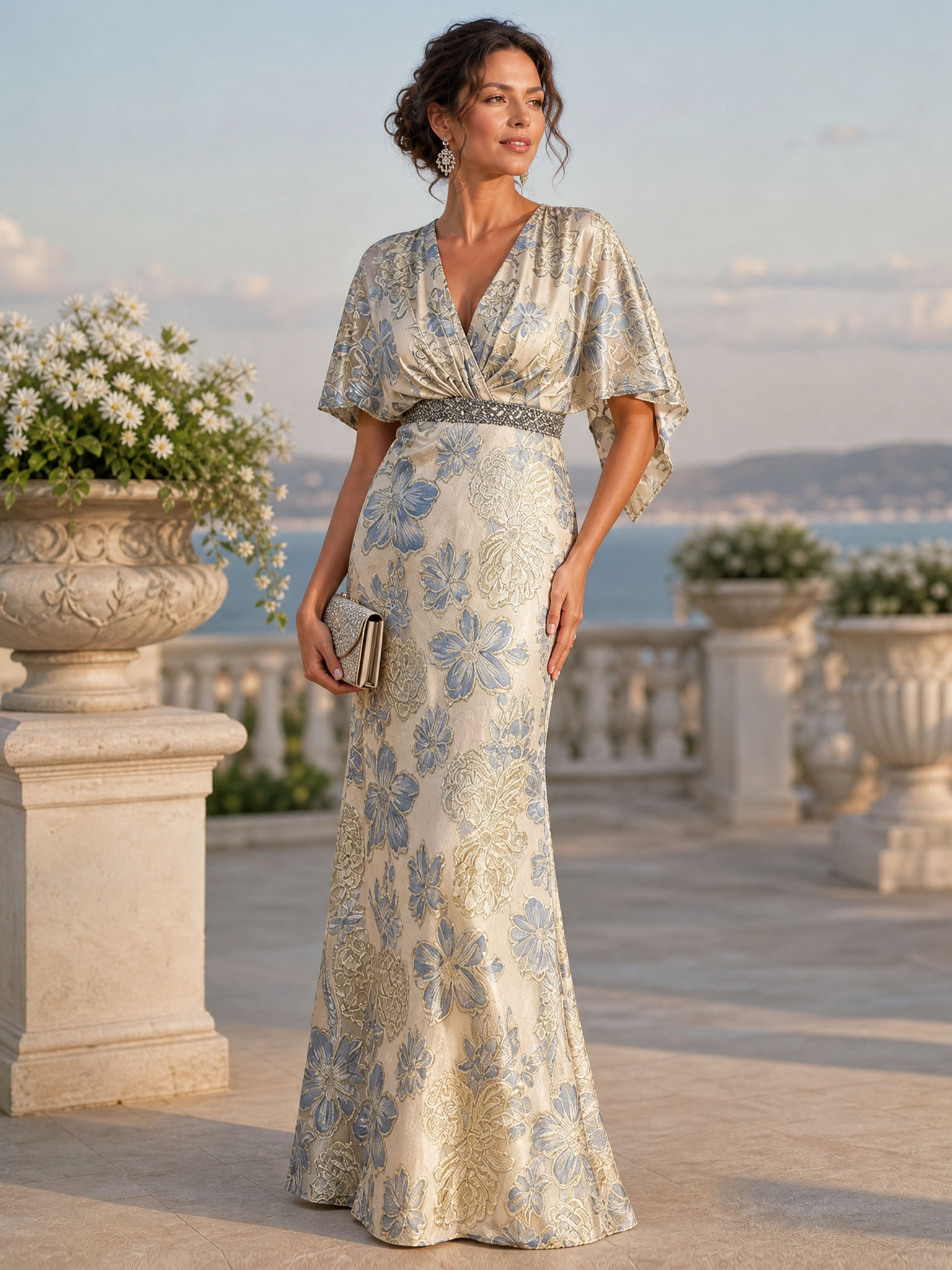 Champagne‑Base Blue Floral Jacquard V‑Neck Flutter Sleeve Beaded‑Waist Mermaid Floor‑Length Evening Gown
