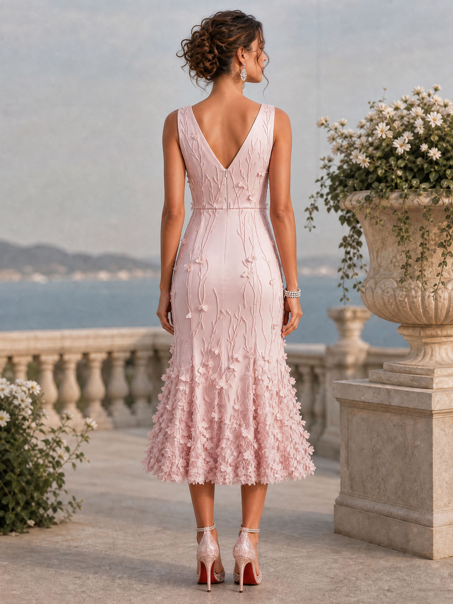 Pink Sleeveless Deep‑V 3D Floral Appliqué Midi Mermaid Formal Dress