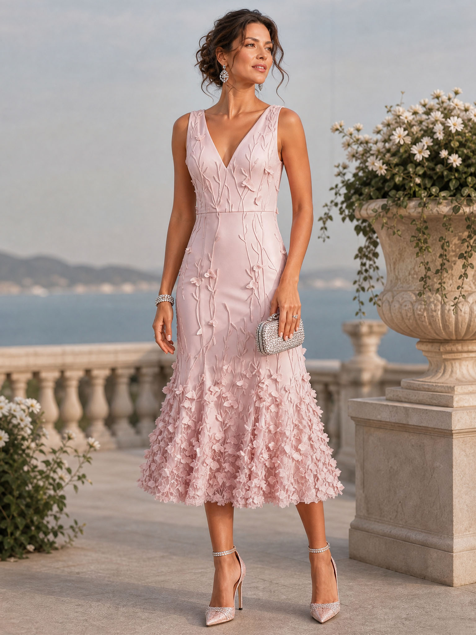 Pink Sleeveless Deep‑V 3D Floral Appliqué Midi Mermaid Formal Dress
