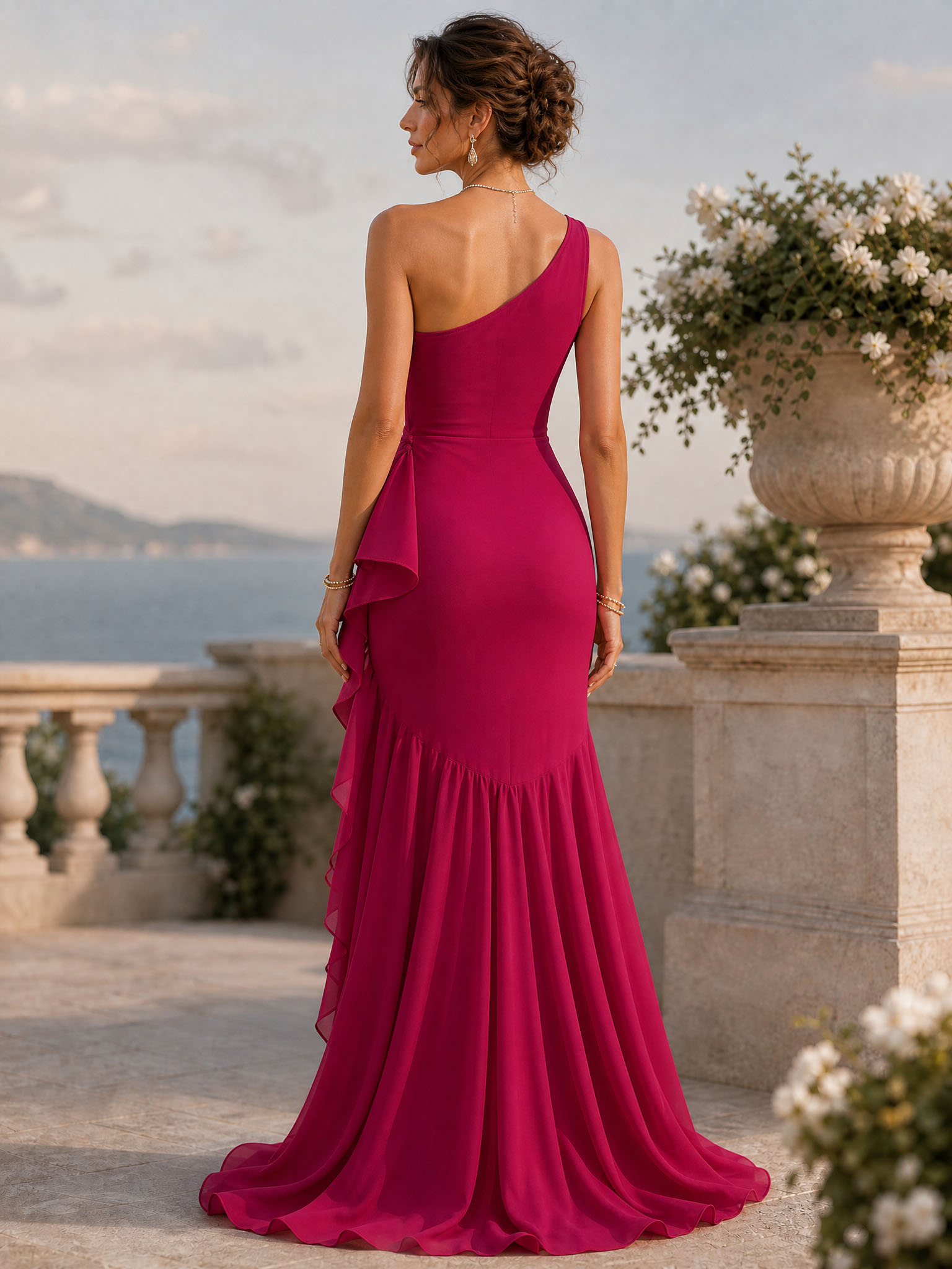 Fuchsia One‑Shoulder Draped Ruffled High‑Slit Chiffon Floor‑Length Evening Gown