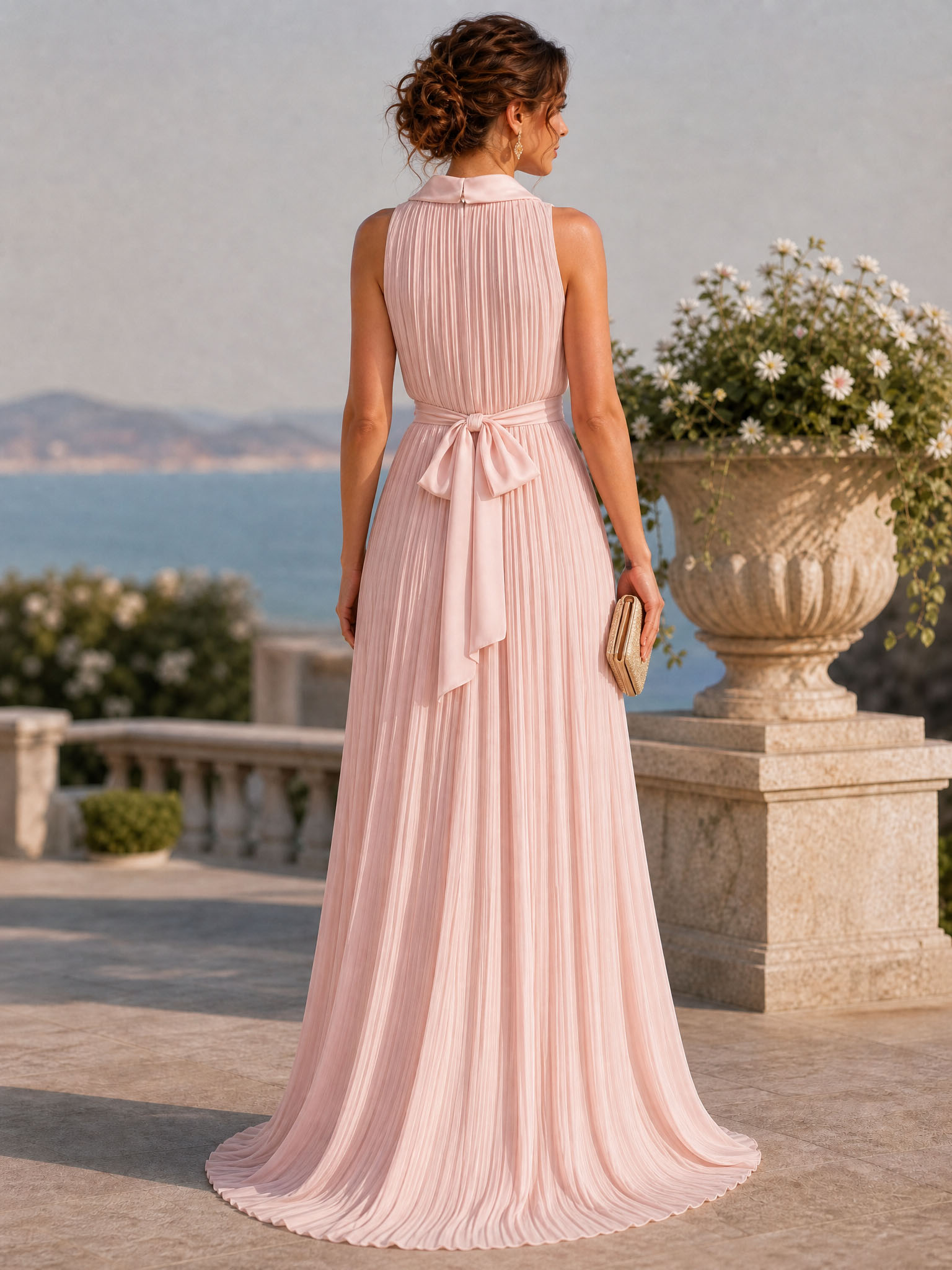 Pink Sleeveless High‑Neck Pleated Chiffon Sash‑Bow Floor‑Length Evening Gown