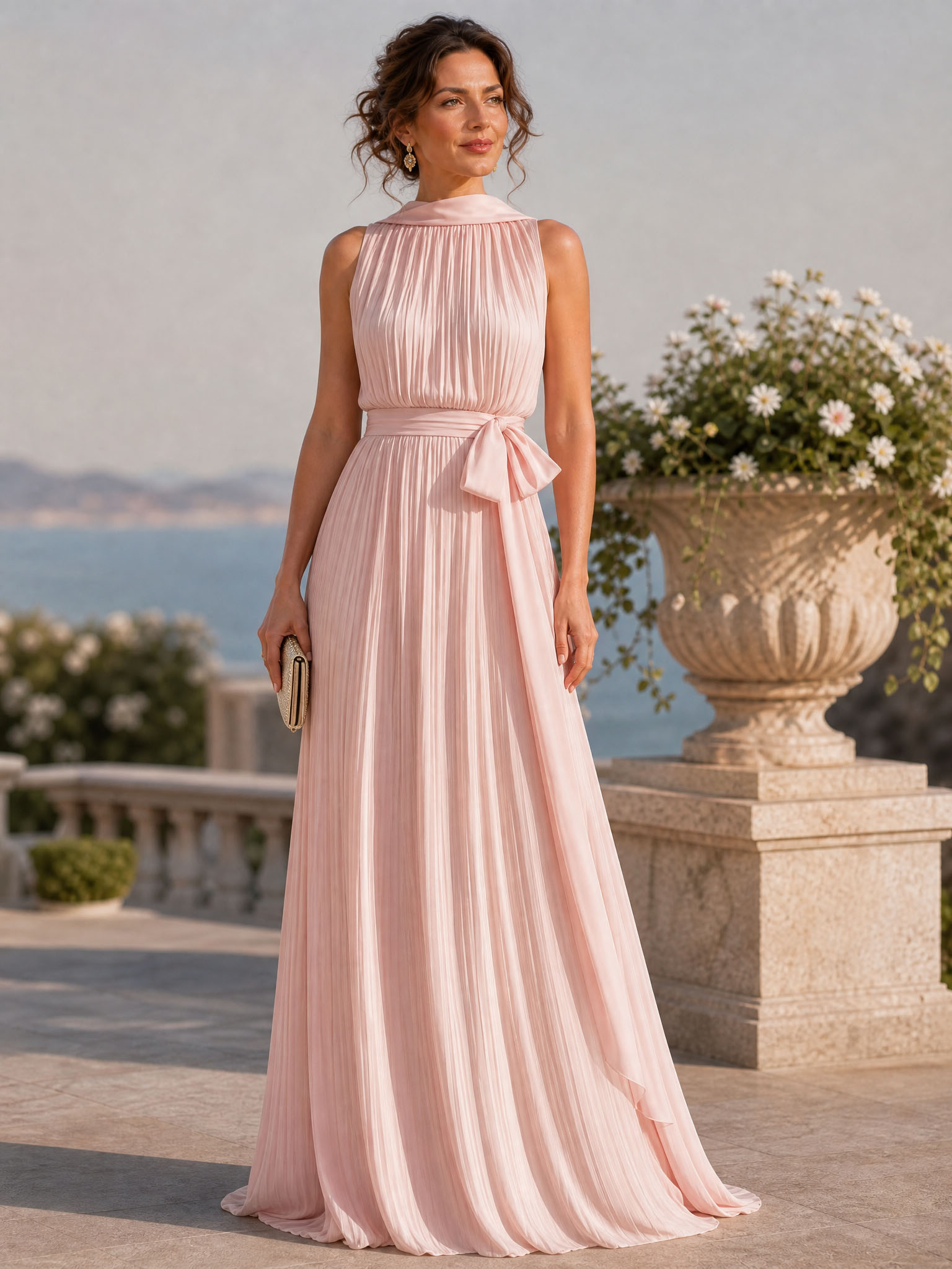 Pink Sleeveless High‑Neck Pleated Chiffon Sash‑Bow Floor‑Length Evening Gown