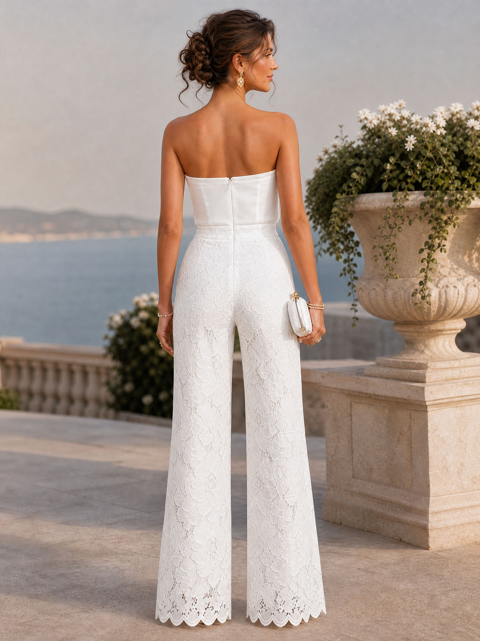 White Strapless Oversized 3D Floral Top Lace Wide‑Leg Formal Jumpsuit
