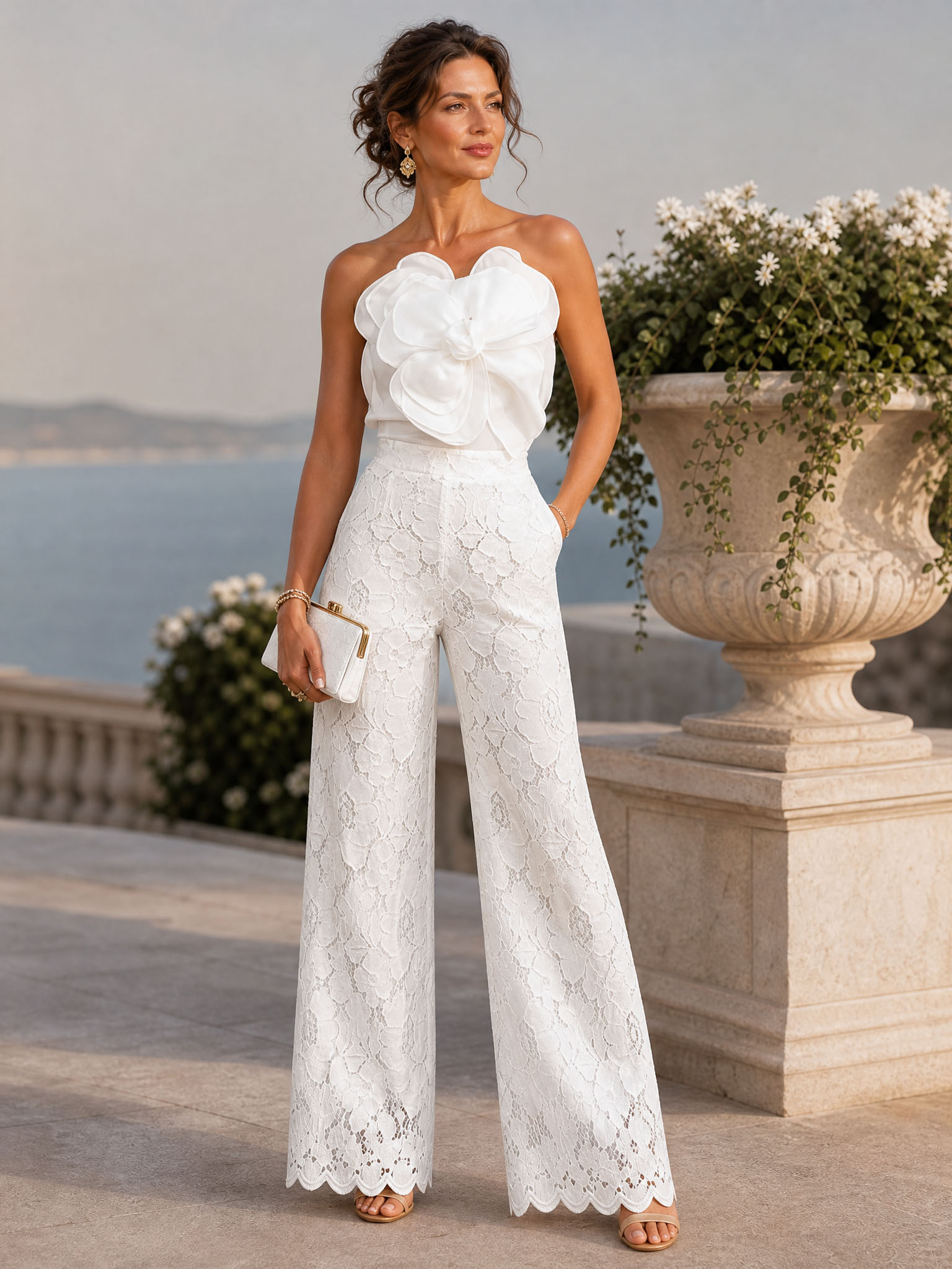 White Strapless Oversized 3D Floral Top Lace Wide‑Leg Formal Jumpsuit