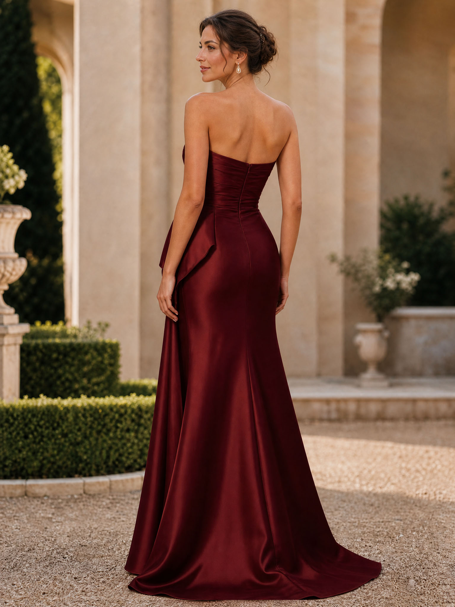 Burgundy Strapless Ruched Satin Side‑Draped Bow Mermaid Floor‑Length Evening Gown
