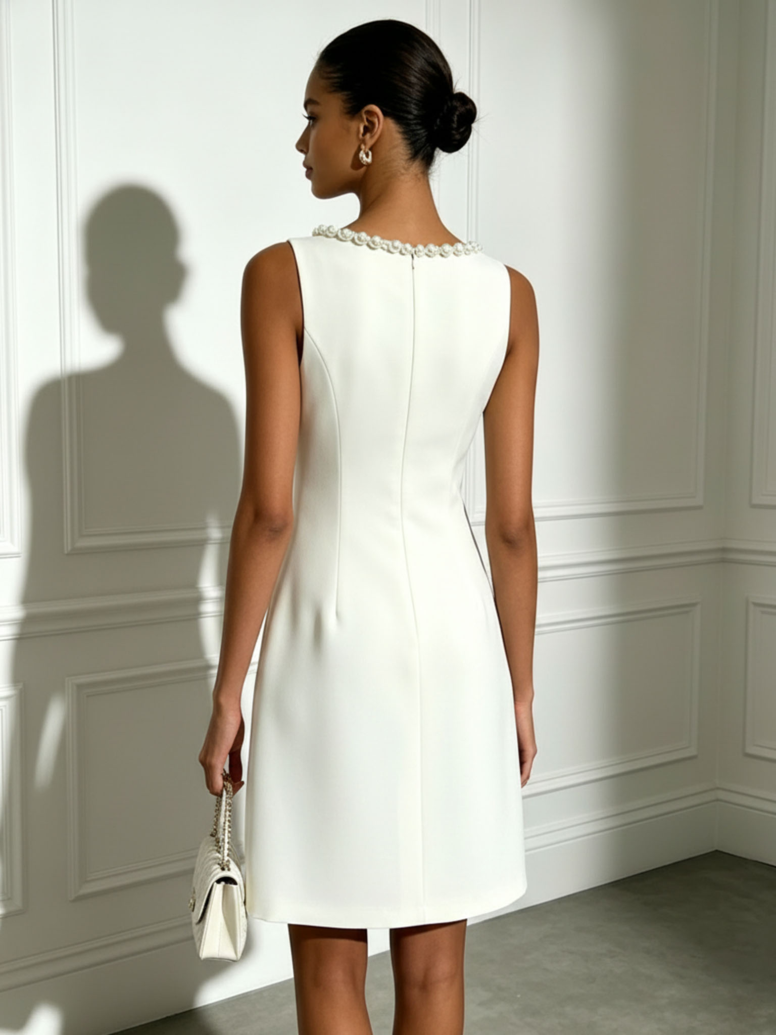 White Sleeveless Pearl‑Trim Keyhole Neck 3D Floral Appliqué Short A‑Line Formal Dress
