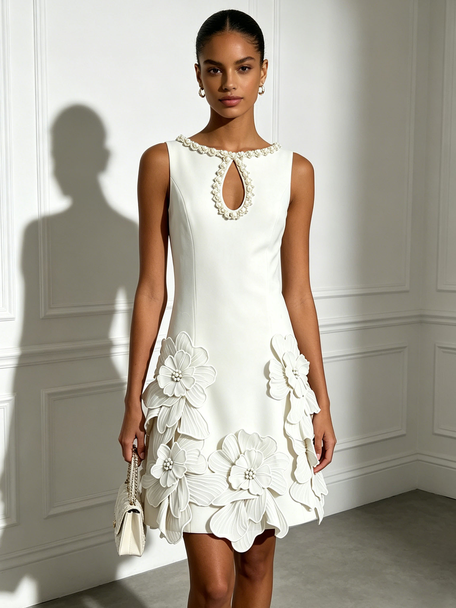 White Sleeveless Pearl‑Trim Keyhole Neck 3D Floral Appliqué Short A‑Line Formal Dress