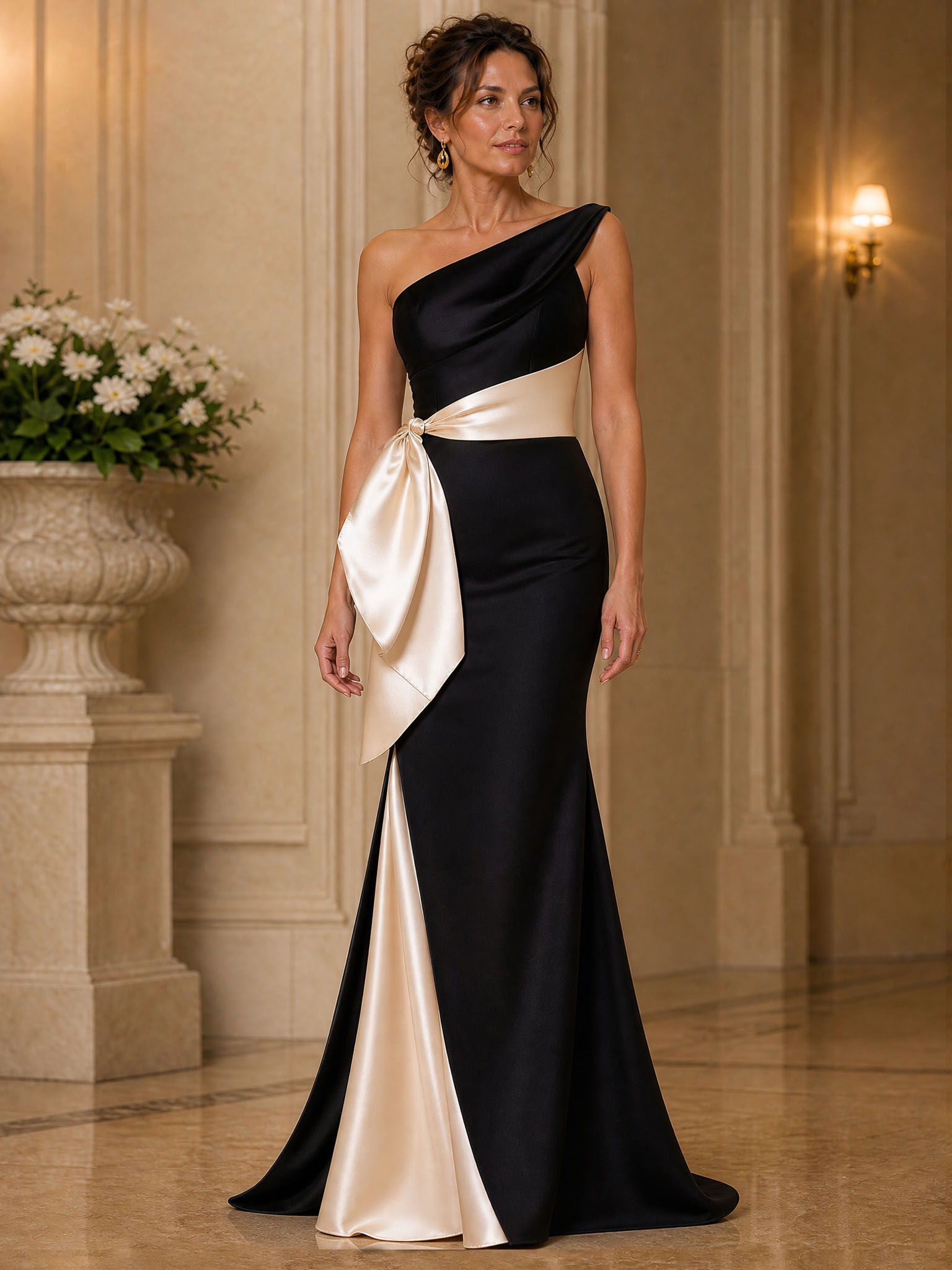 Evening Formal Dress Black Pink Satin One Shoulder Maxi Dress