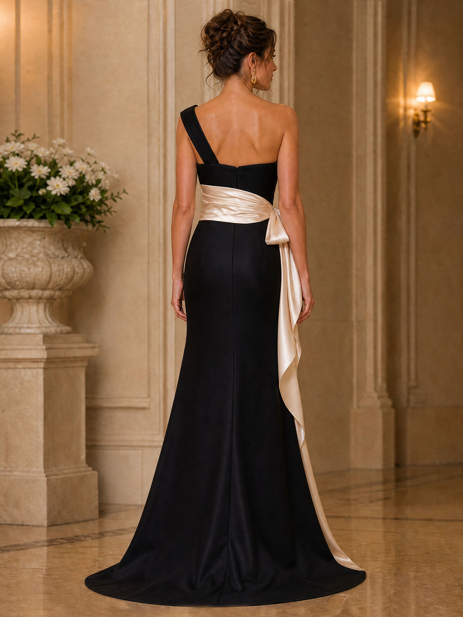 Evening Formal Dress Black Pink Satin One Shoulder Maxi Dress