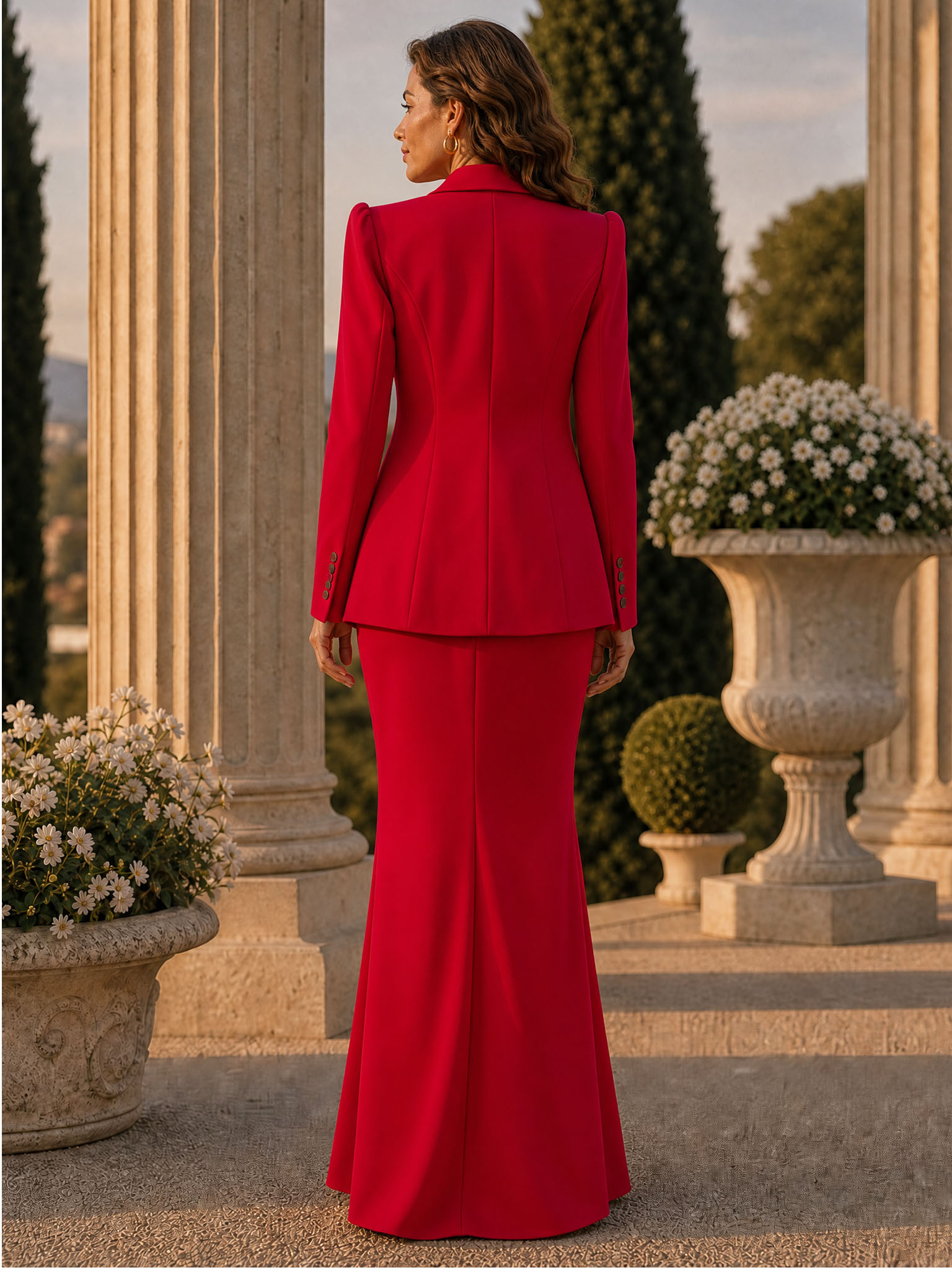 Work Blazer Suit Sets Dress Red Lapel Sheath Maxi Dress