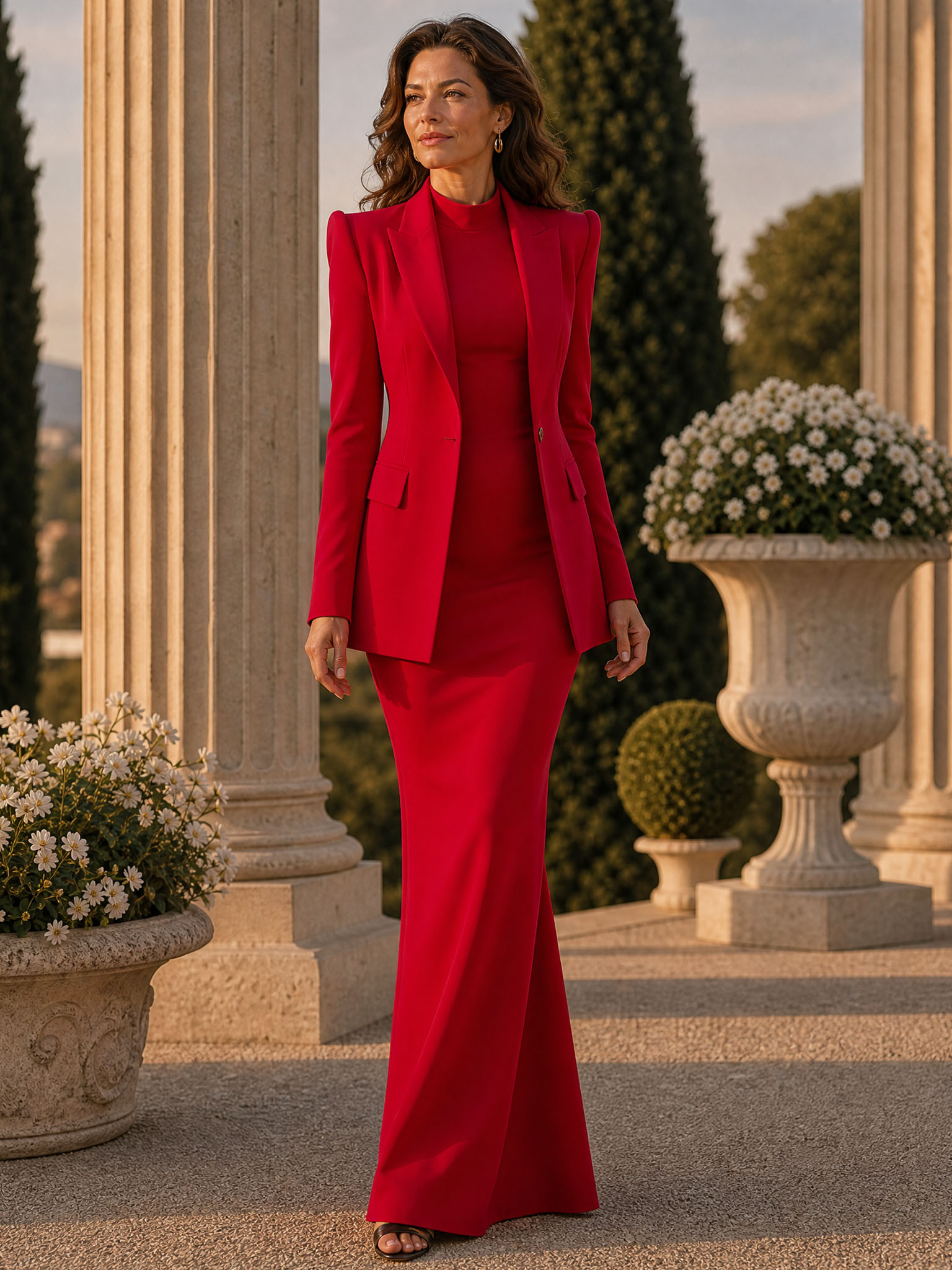 Work Blazer Suit Sets Dress Red Lapel Sheath Maxi Dress