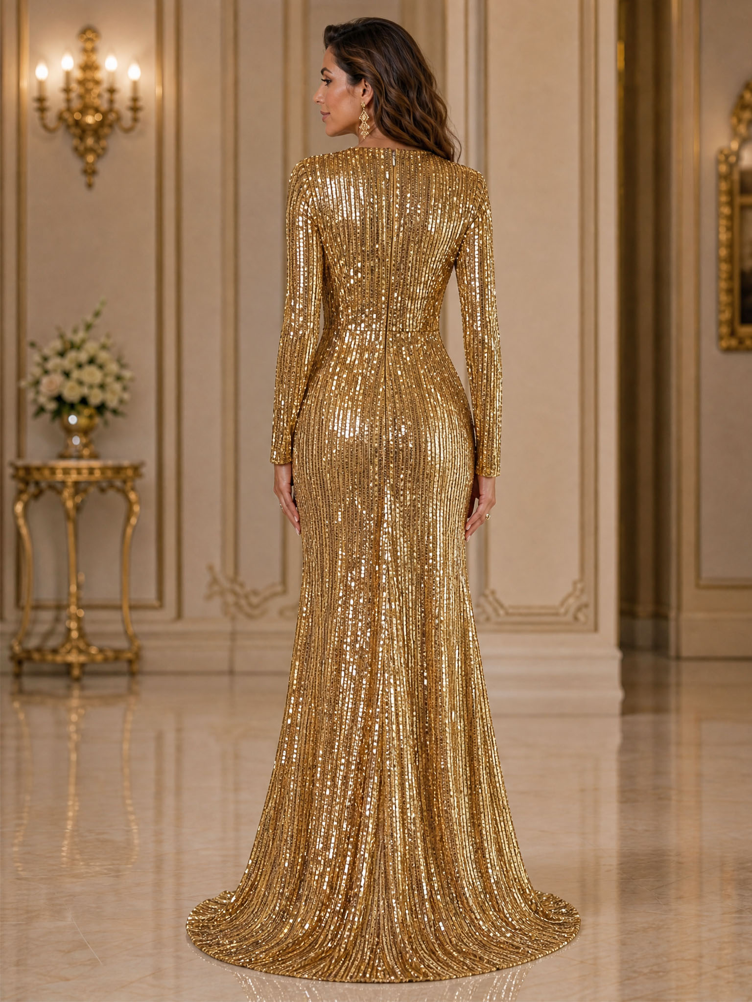 Gold Dress Sequin High Slit Long Sleeve Mermaid Maxi Dress